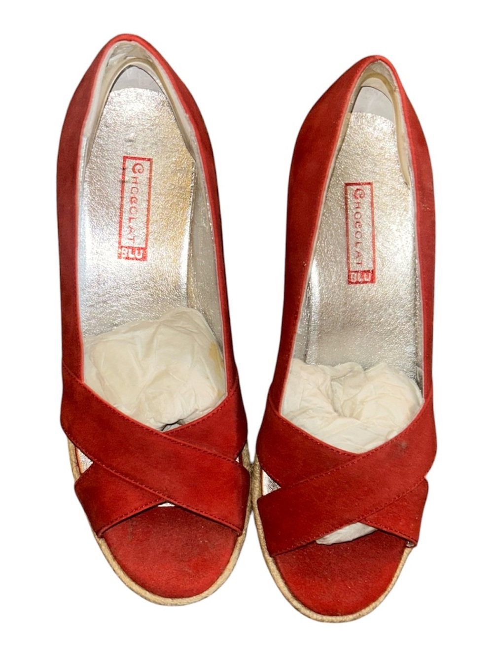 Chocolat Blu Red Peep-Toe Wedge Heels